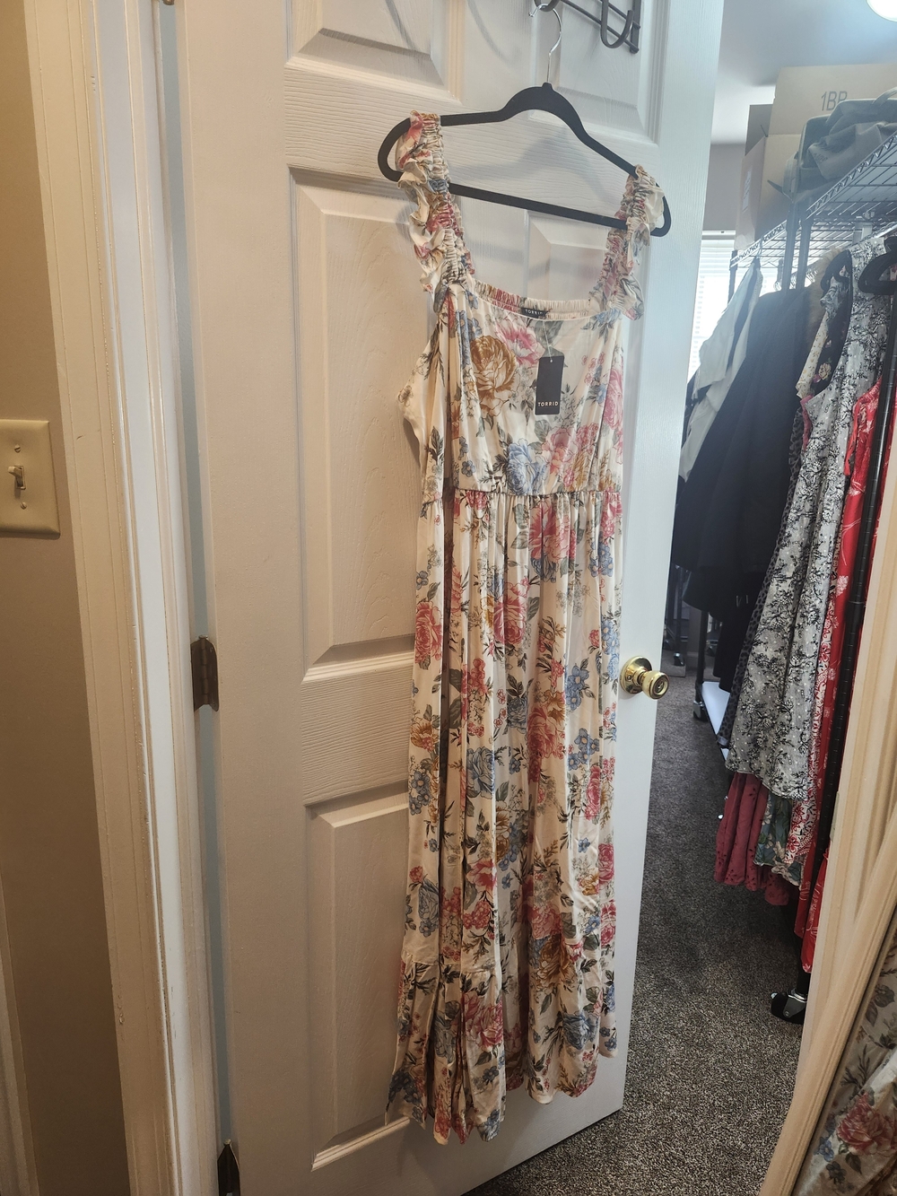 Torrid Floral Ruffle Strap Maxi Dress-Cream with Red, Blue & Mustard Flowers, 3X